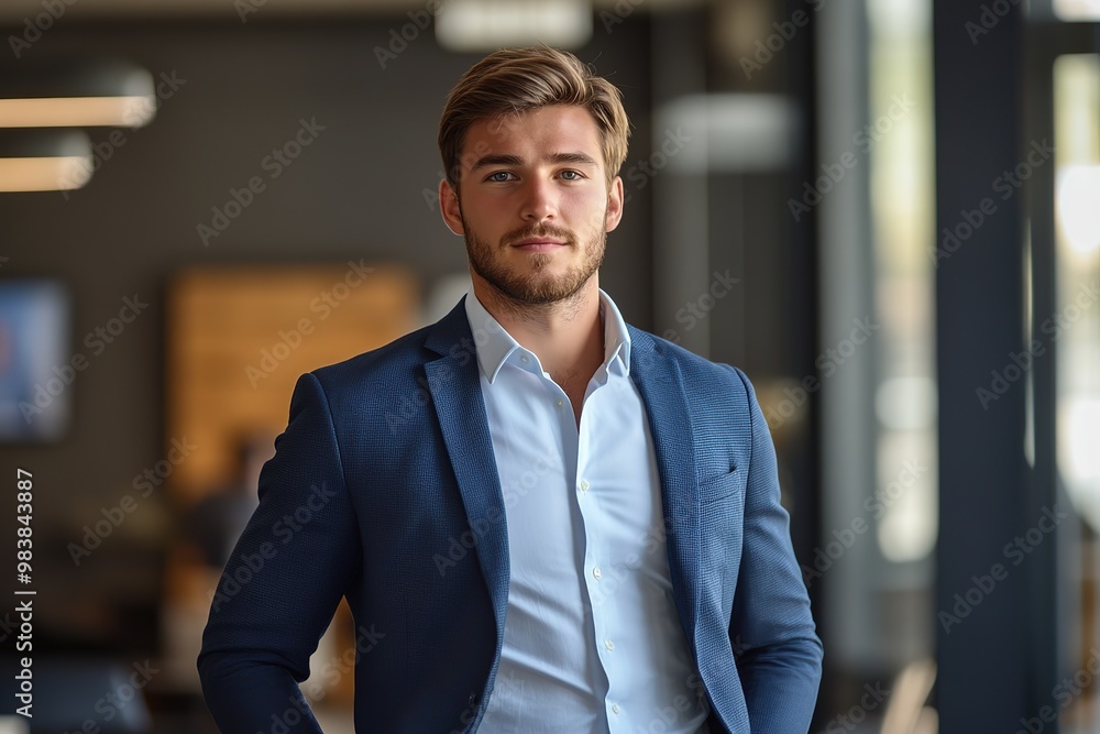 Handsome young business man standing confident in the office hyper realastic background Handsome young business man standing confident in the office hyper realastic background