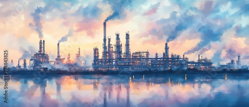 Watercolor depiction of a refinery at dawn, pastel colors blending into the misty sky, industrial strength meets nature s beauty