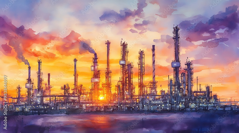 Watercolor painting of an oil refinery at sunset, warm oranges and purples blending with the industrial steel grays, serene and powerful Watercolor painting of an oil refinery at sunset, warm oranges and purples blending with the industrial steel grays, serene and powerful