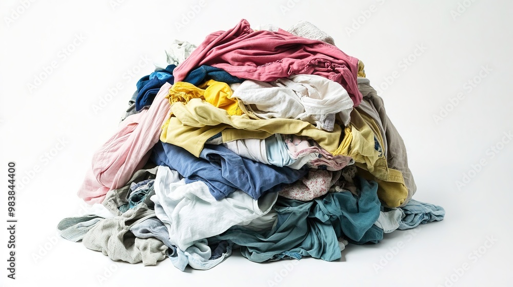 A pile of dirty laundry heaped on a clean white background, showcasing a mix of crumpled clothes in various colors and textures. The untidy collection of garments highlights the everyday mess of house A pile of dirty laundry heaped on a clean white background, showcasing a mix of crumpled clothes in various colors and textures. The untidy collection of garments highlights the everyday mess of house
