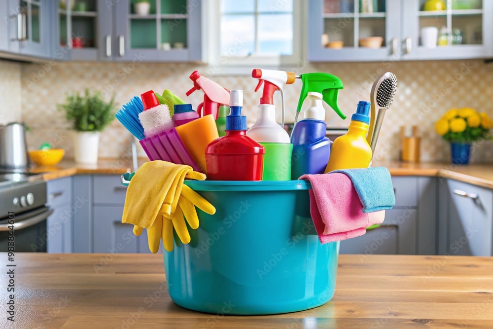 A blue bucket filled with cleaning supplies sits on a wooden counter A blue bucket filled with cleaning supplies sits on a wooden counter