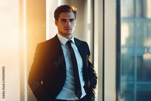 Handsome young business man standing confident in the office hyper realastic background photo