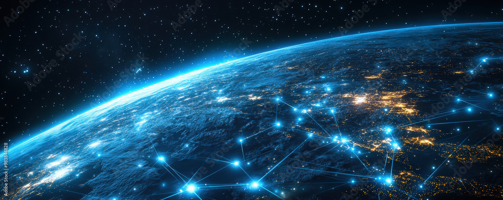 Obraz premium International data streams and virtual marketplaces visualized in web banner