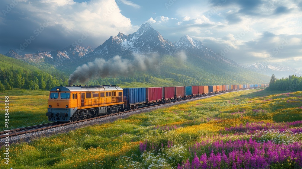Freight Train Journey Through Majestic Mountains: A powerful freight train traverses a scenic landscape, its journey underscored by the grandeur of snow-capped mountains, vibrant wildflowers, and a dr Freight Train Journey Through Majestic Mountains: A powerful freight train traverses a scenic landscape, its journey underscored by the grandeur of snow-capped mountains, vibrant wildflowers, and a dr