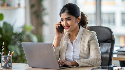 "Indian HR Manager at Desk with Phone" - An Indian HR manager at their desk, speaking on the phone. 