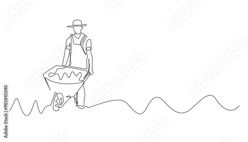 continuous line drawing of farmer transporting with a wheelbarrow .single line drawing of agricultural activity.isolated white background