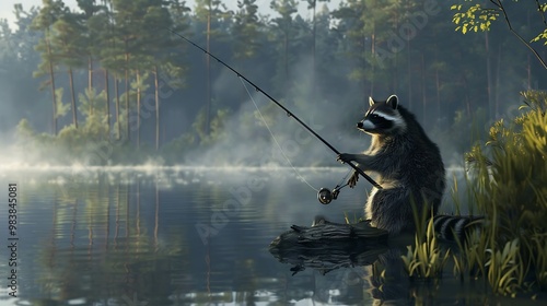 Raccoon using a fishing pole to fish along the edge of the lake