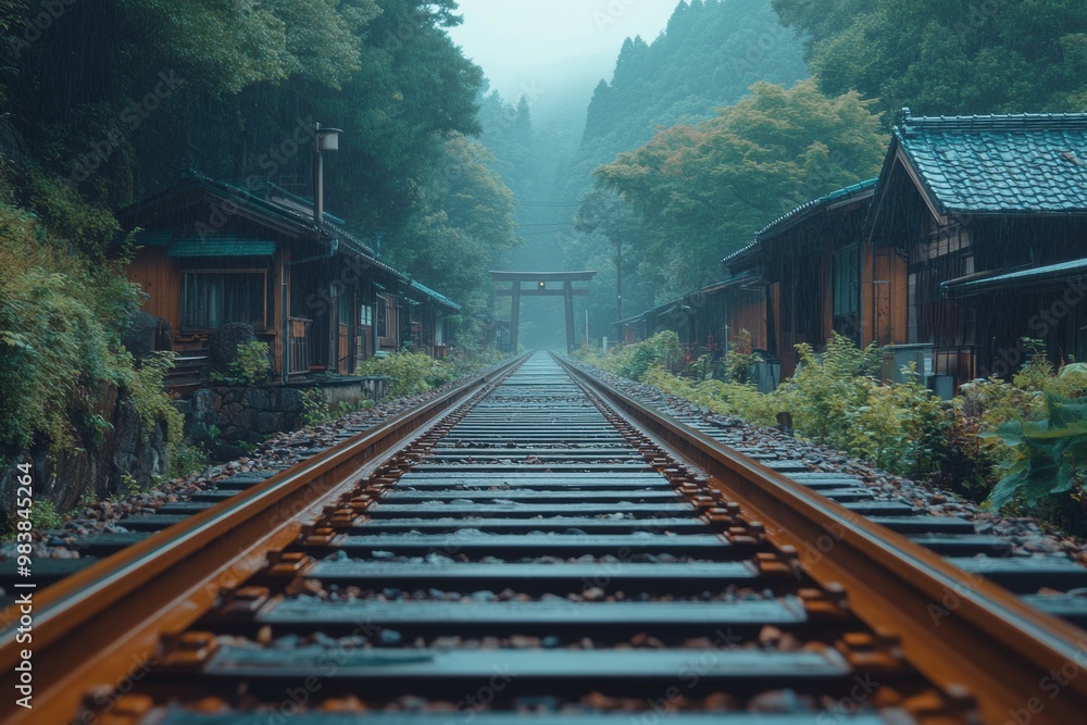 Train Tracks Disappear into Misty Japanese Forest: A scenic, atmospheric photograph capturing a long, straight train track disappearing into the mist of a lush green Japanese forest. The track is flan Train Tracks Disappear into Misty Japanese Forest: A scenic, atmospheric photograph capturing a long, straight train track disappearing into the mist of a lush green Japanese forest. The track is flan
