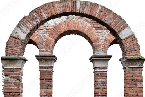 Generate an image of three ancient Roman brick arches, each varying in size and design,