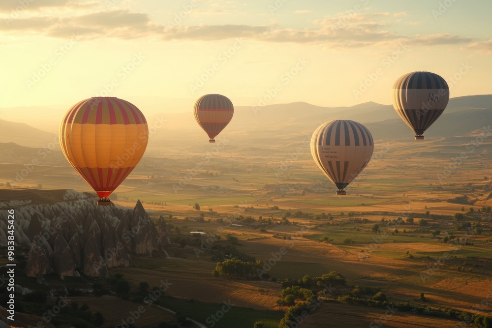 Naklejka premium Hot air balloons floating over a picturesque landscape