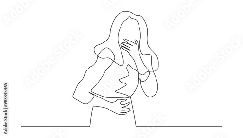 continuous line of woman vomiting. one line drawing of woman holding her stomach and covering her mouth. one line concept of woman having stomach ache, menstruation, pregnancy, etc.