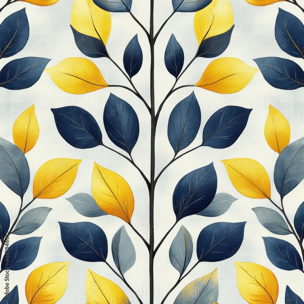 Obraz premium Blue and Yellow Leaf Pattern: A seamless, elegant, and minimalist pattern featuring blue and yellow leaves on a white background. Perfect for creating stylish and sophisticated designs. 