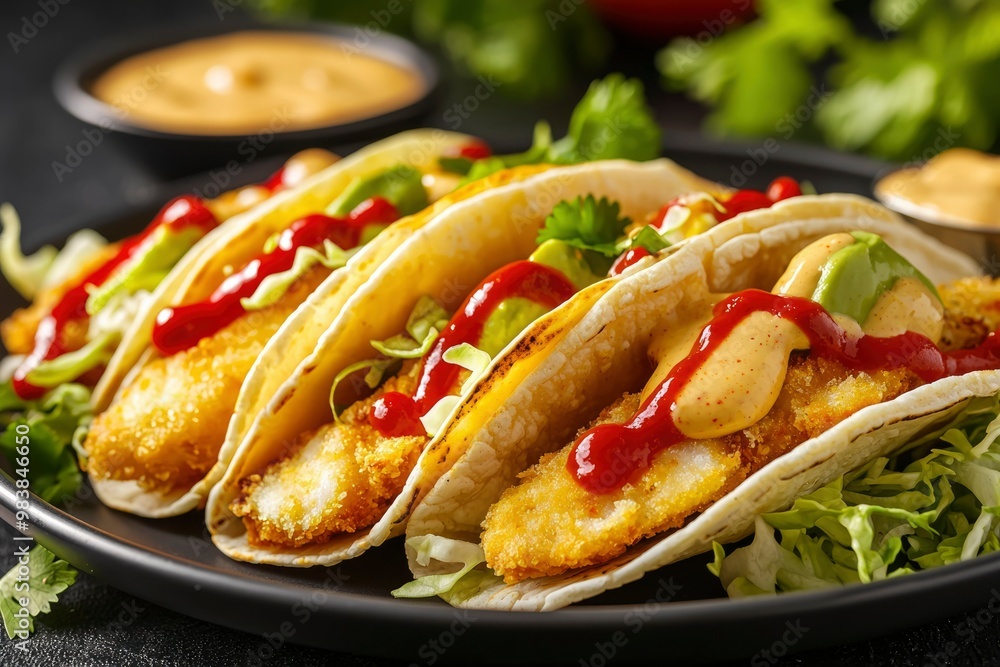 Crispy Fish Tacos with Red and Yellow Sauce, Avocado, and Cabbage Crispy Fish Tacos with Red and Yellow Sauce, Avocado, and Cabbage
