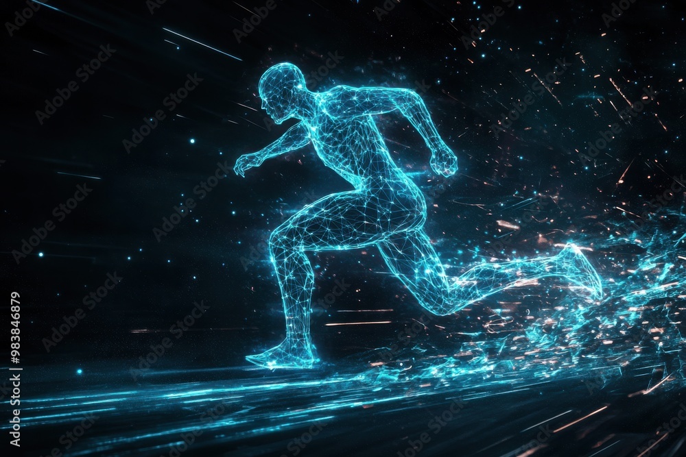 Create a dynamic digital art piece of a futuristic, humanoid figure in a sprinting pose Create a dynamic digital art piece of a futuristic, humanoid figure in a sprinting pose
