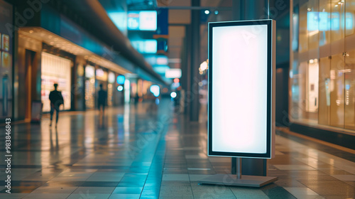 Prominent empty white signboard in the entrance hall of a high-traffic shopping mall.