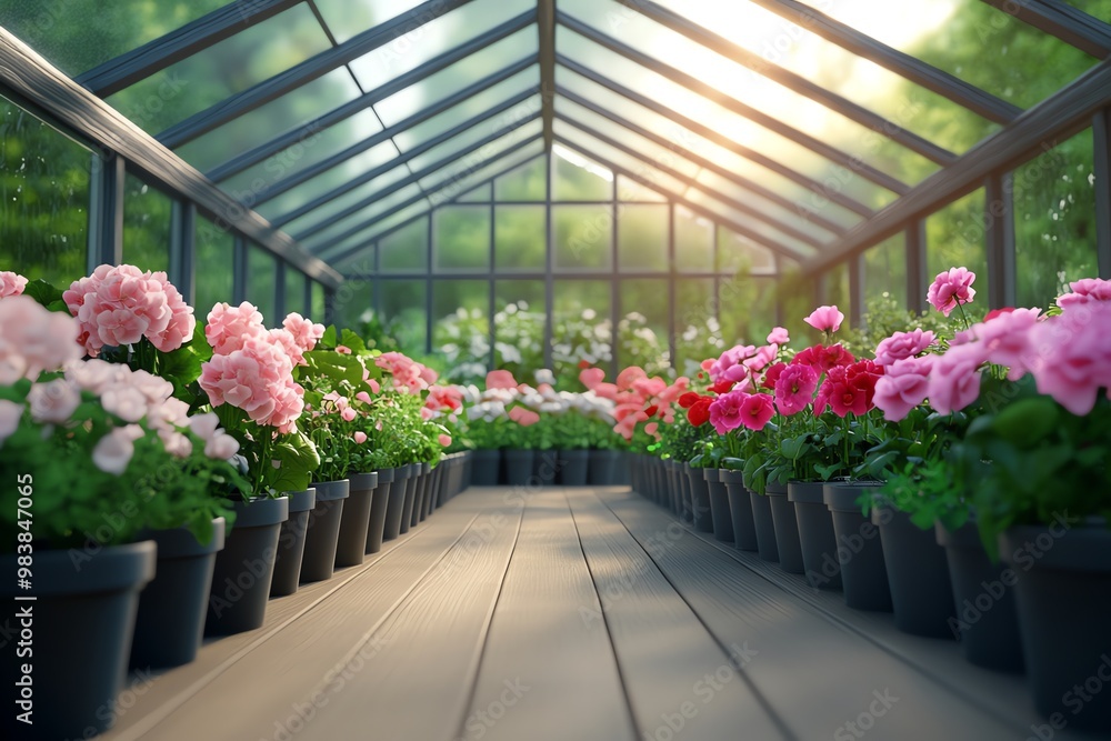 A vibrant greenhouse filled with colorful flowers in pots, bathed in soft sunlight, creating a serene gardening atmosphere. A vibrant greenhouse filled with colorful flowers in pots, bathed in soft sunlight, creating a serene gardening atmosphere.