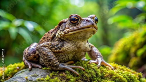 A toad propped on a rock, its six toes spread wide, appears tiny yet bold, camouflaged amidst lush