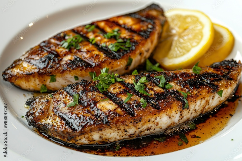 Grilled Fish Fillet with Lemon and Parsley on White Plate Grilled Fish Fillet with Lemon and Parsley on White Plate