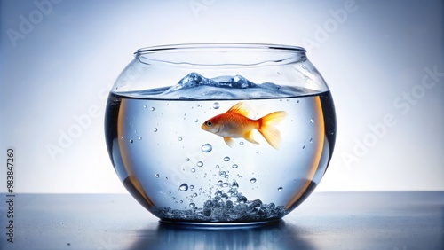 A transparent glass fish bowl sits on a crisp white surface, its edges barely visible as it holds