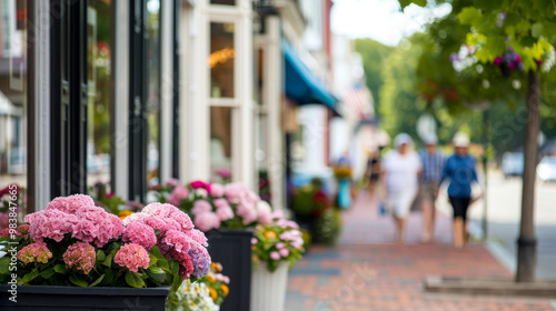 Fototapeta Naklejka Na Ścianę i Meble -  Charming sidewalk in a quaint town with vibrant shops, colorful flowers, and people leisurely strolling. Small-town life with cozy storefronts, lively blooms, and relaxed pedestrians.