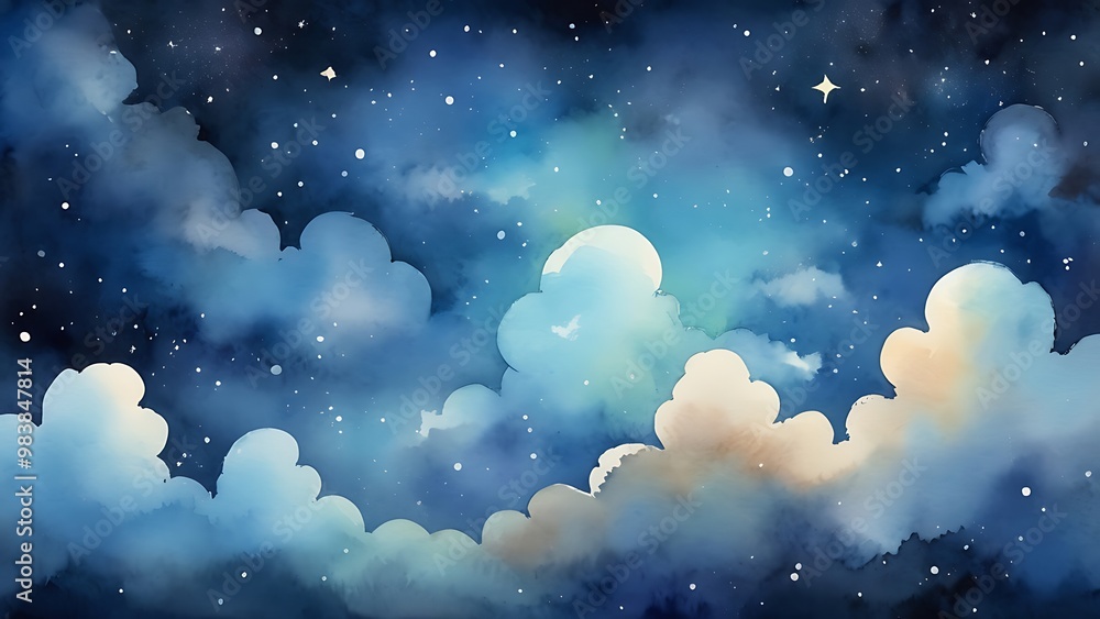 A watercolor background of a night sky with clouds and stars in cartoon style A watercolor background of a night sky with clouds and stars in cartoon style