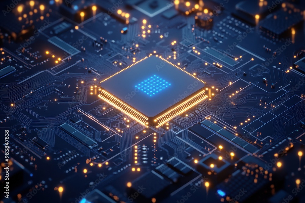 Illustrate a high-tech image focusing on a glowing microchip centered on a complex Illustrate a high-tech image focusing on a glowing microchip centered on a complex