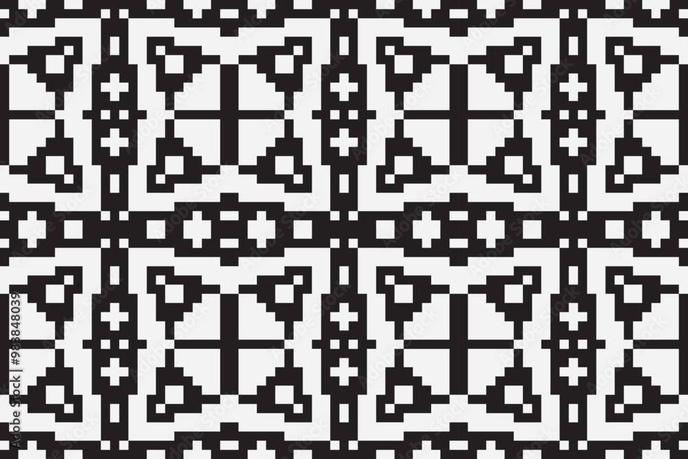 Vector monochrome ornamental pattern in ethnic style. Traditional folk motif. Abstract geometric seamless texture with floral shapes, grid, Vector monochrome ornamental pattern in ethnic style. Traditional folk motif. Abstract geometric seamless texture with floral shapes, grid,