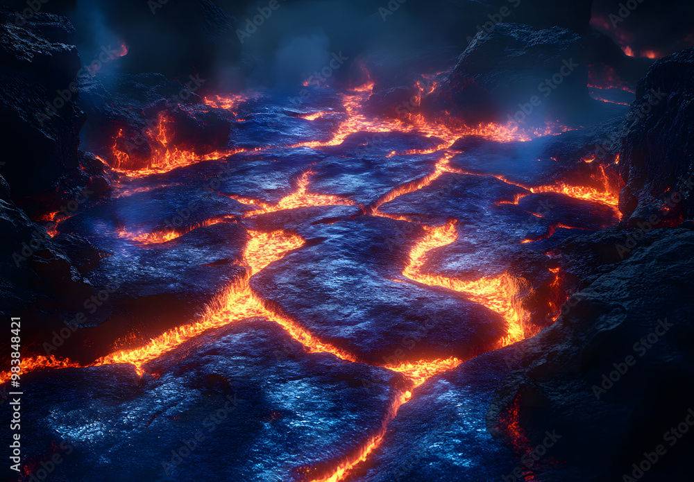 Glowing Lava Rocks with Rays of Light - Volcanic Landscape and Heat Concept Glowing Lava Rocks with Rays of Light - Volcanic Landscape and Heat Concept