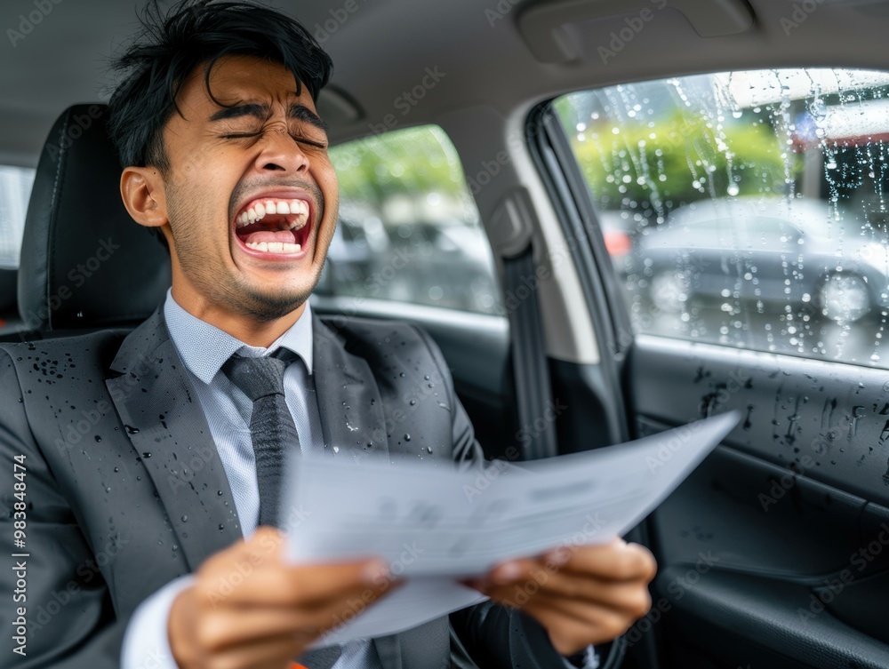 A man in a suit reacts in disbelief to some bad news. AI. A man in a suit reacts in disbelief to some bad news. AI.