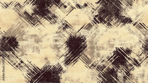 Batik Design with Beige Dye Vintage Bohemian Tie Dye Ethnic Craft Batik Retro Geometric Patchwork Aged Geometric Pattern Seamless Sepia Brush Mark Textured Geometric Fabric Worn Dyed Pattern Distr photo