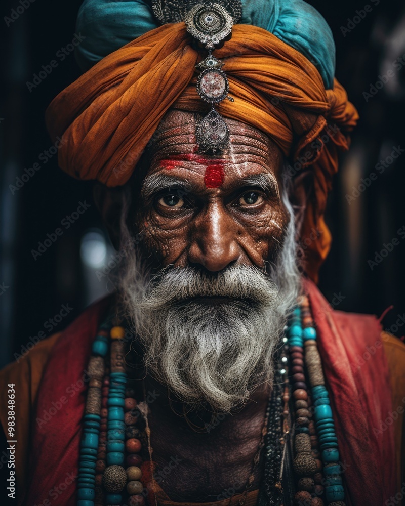 A man with a long white beard and a traditional turban. AI. A man with a long white beard and a traditional turban. AI.