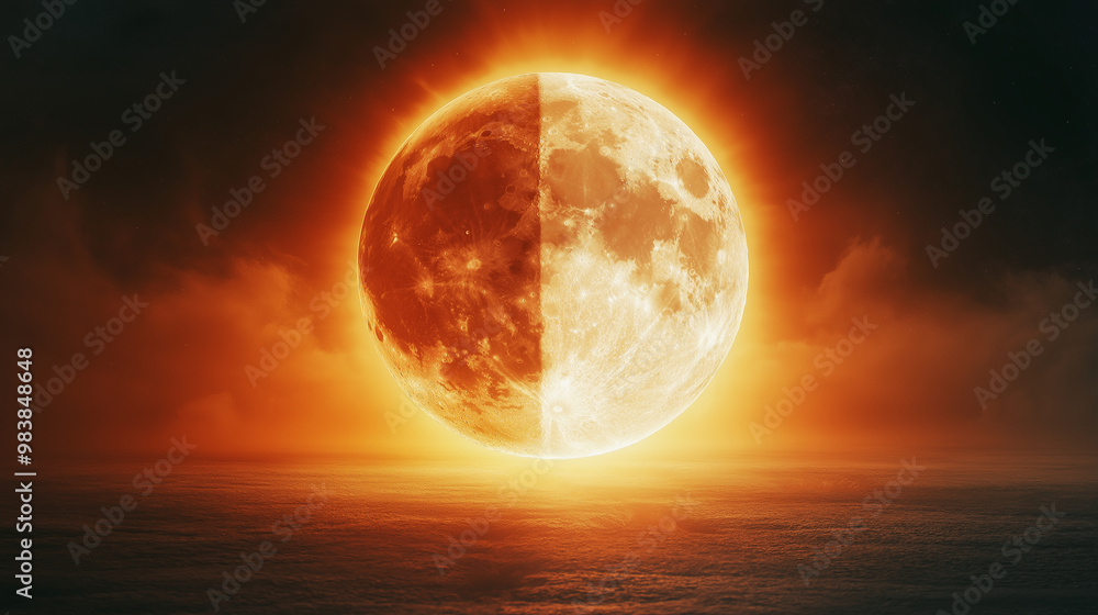 Balanced Sun and Moon, a symmetrical design featuring the sun on one side and the moon on the other, perfectly balanced, with copy space, The September Equinox Balanced Sun and Moon, a symmetrical design featuring the sun on one side and the moon on the other, perfectly balanced, with copy space, The September Equinox