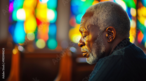 Elderly black man praying in church