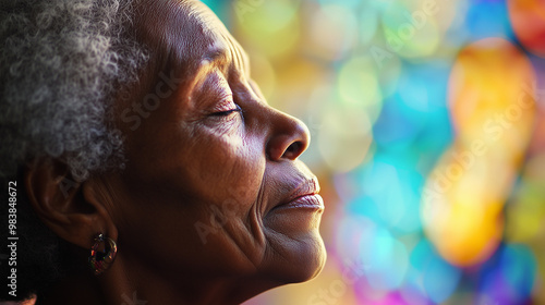 Elderly black woman praying in church