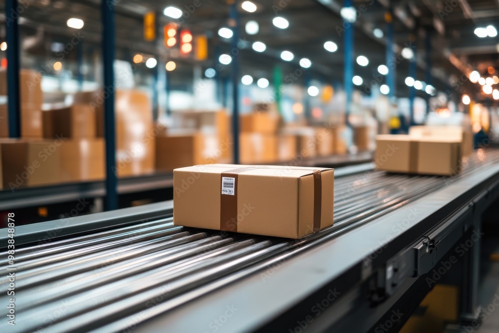 Parcels on conveyor belt in a warehouse Parcels on conveyor belt in a warehouse