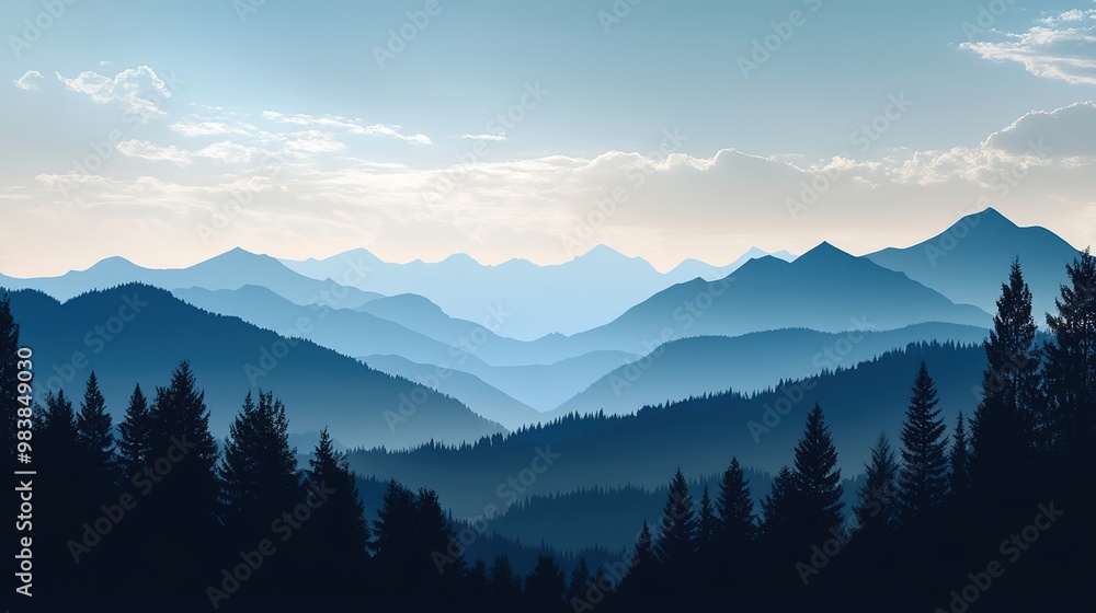 A breathtaking view of a clear blue sky above majestic mountains, surrounded by a lush forest. The scene captures the beauty of nature, with towering peaks reflecting the sunlight A breathtaking view of a clear blue sky above majestic mountains, surrounded by a lush forest. The scene captures the beauty of nature, with towering peaks reflecting the sunlight