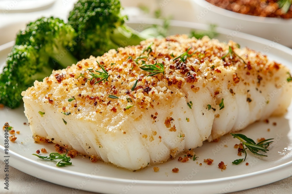 Close-up of a Baked Cod Fillet with Breadcrumb Topping and Broccoli Close-up of a Baked Cod Fillet with Breadcrumb Topping and Broccoli