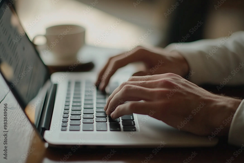 Close-up of hands typing on a laptop keyboard with a cup of coffee in the background in a cozy café setting Close-up of hands typing on a laptop keyboard with a cup of coffee in the background in a cozy café setting