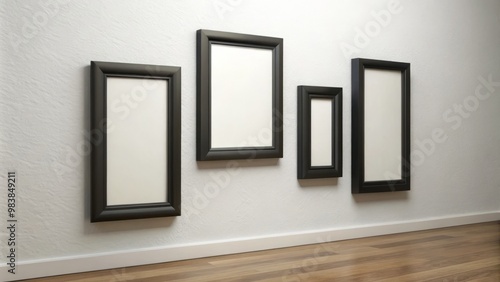 Black wooden picture frames of various sizes adorn a white wall in a casual, eclectic array, boasting a