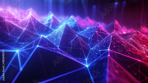 The intricate design of polygons illuminated by glowing neon edges presents a futuristic digital landscape