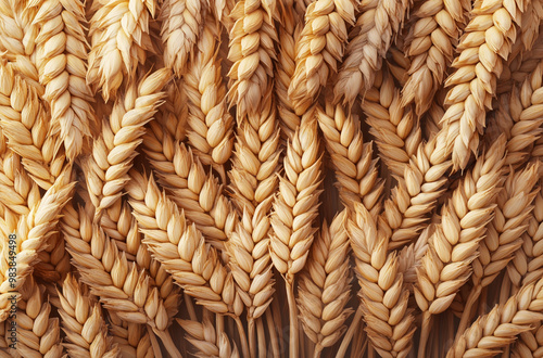 Close-up of golden wheat ears arranged in rows