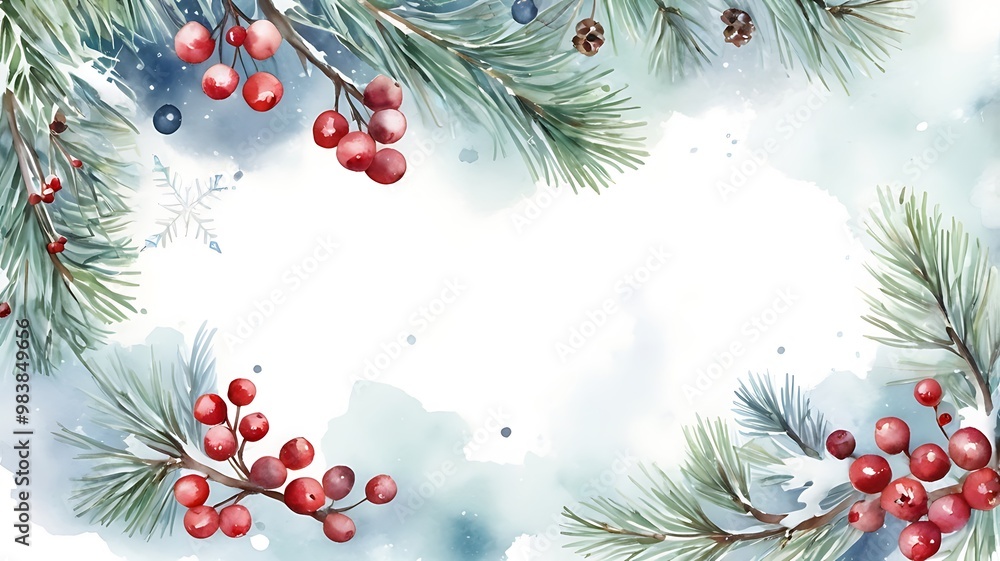 Winter watercolor background with branches, pine twigs and snowflakes on a white background Winter watercolor background with branches, pine twigs and snowflakes on a white background