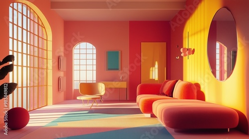 Orange sofa, colorful walls, large windows, and stylish mirror reflecting light. AI generated