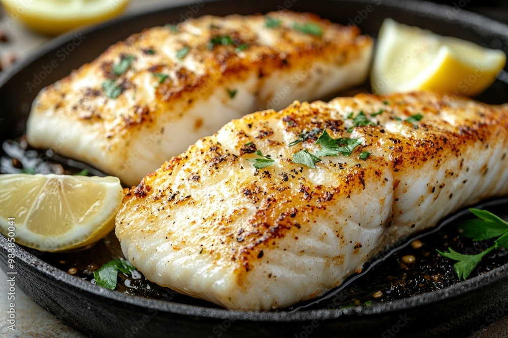 Two pieces of pan-seared fish with lemon wedges and parsley in a cast iron skillet Two pieces of pan-seared fish with lemon wedges and parsley in a cast iron skillet