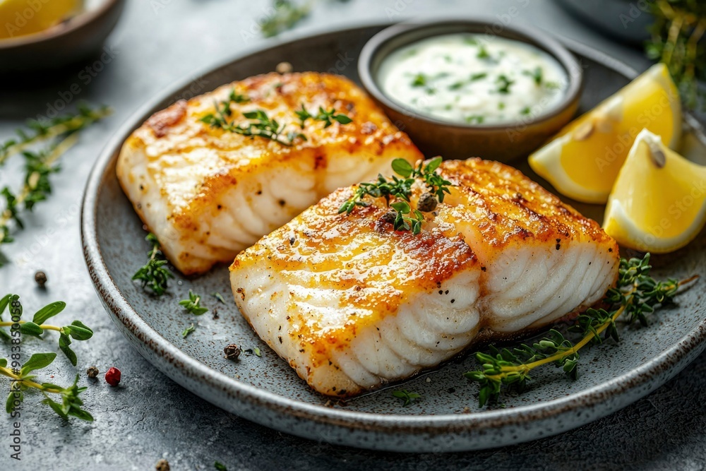 Pan-Seared Fish Fillet with Lemon and Thyme Garnish Pan-Seared Fish Fillet with Lemon and Thyme Garnish