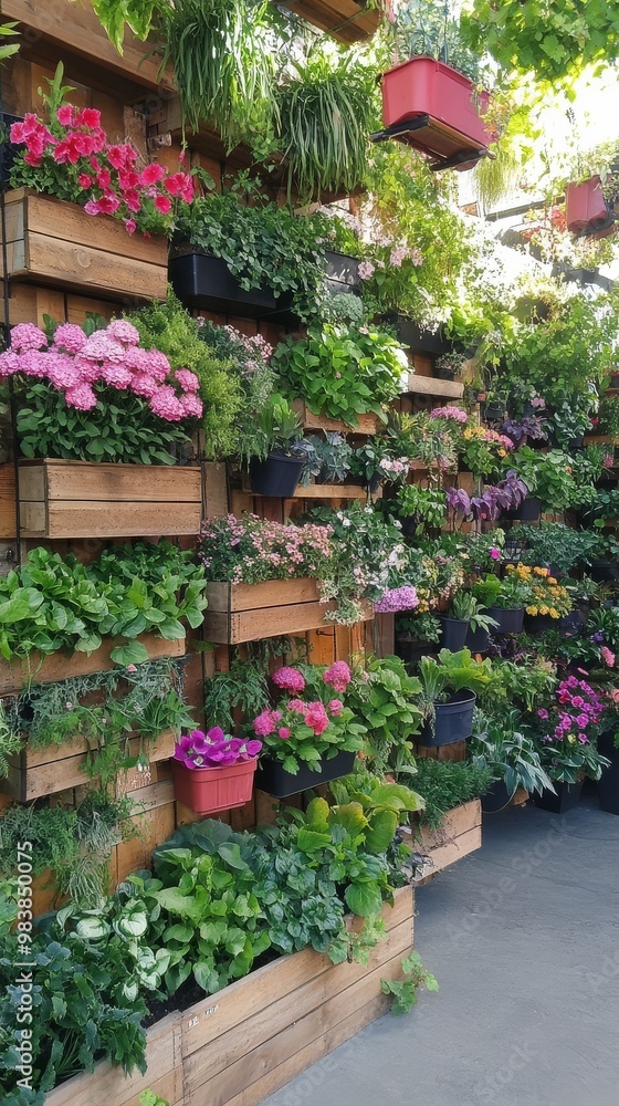 Naklejka premium A vibrant vertical garden adds life and color to urban spaces with blooming flowers