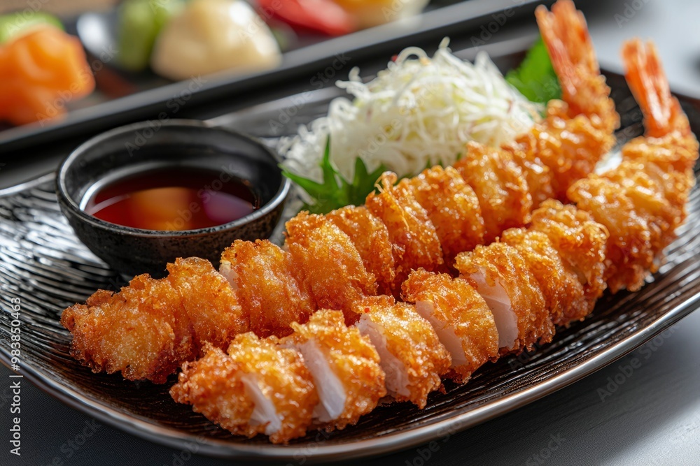 Crispy Fried Shrimp Served on a Black Plate with a Side of Soy Sauce Crispy Fried Shrimp Served on a Black Plate with a Side of Soy Sauce