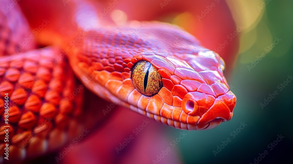 Close-up of a red snake's head, with vibrant red scales and shiny eyes. The background is blurred, Close-up of a red snake's head, with vibrant red scales and shiny eyes. The background is blurred,