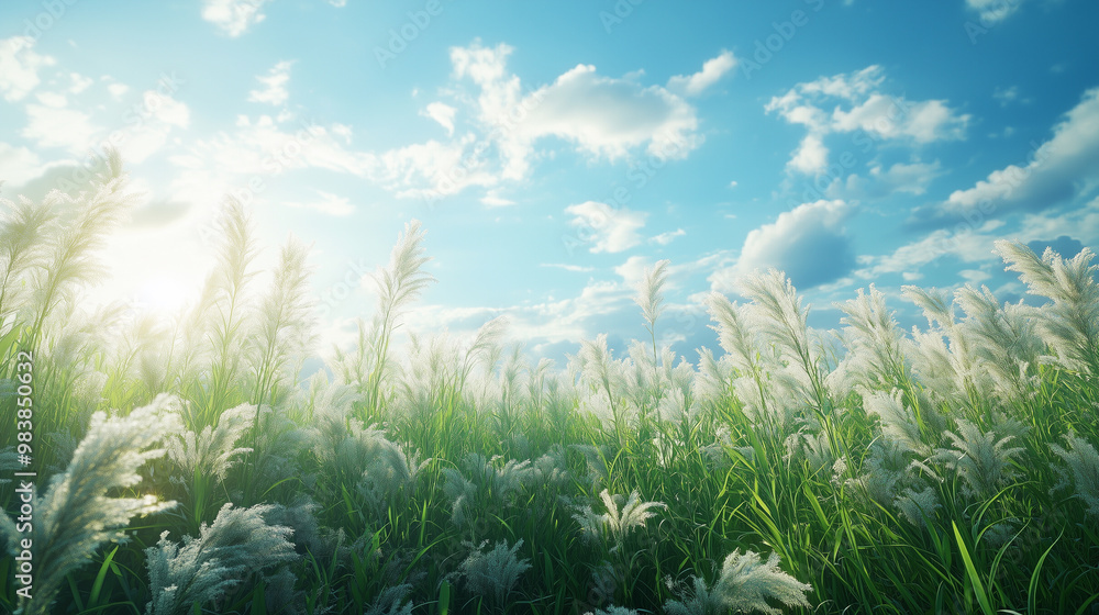 A serene and vibrant scene of tall grasses swaying gently under the clear blue sky. A serene and vibrant scene of tall grasses swaying gently under the clear blue sky.