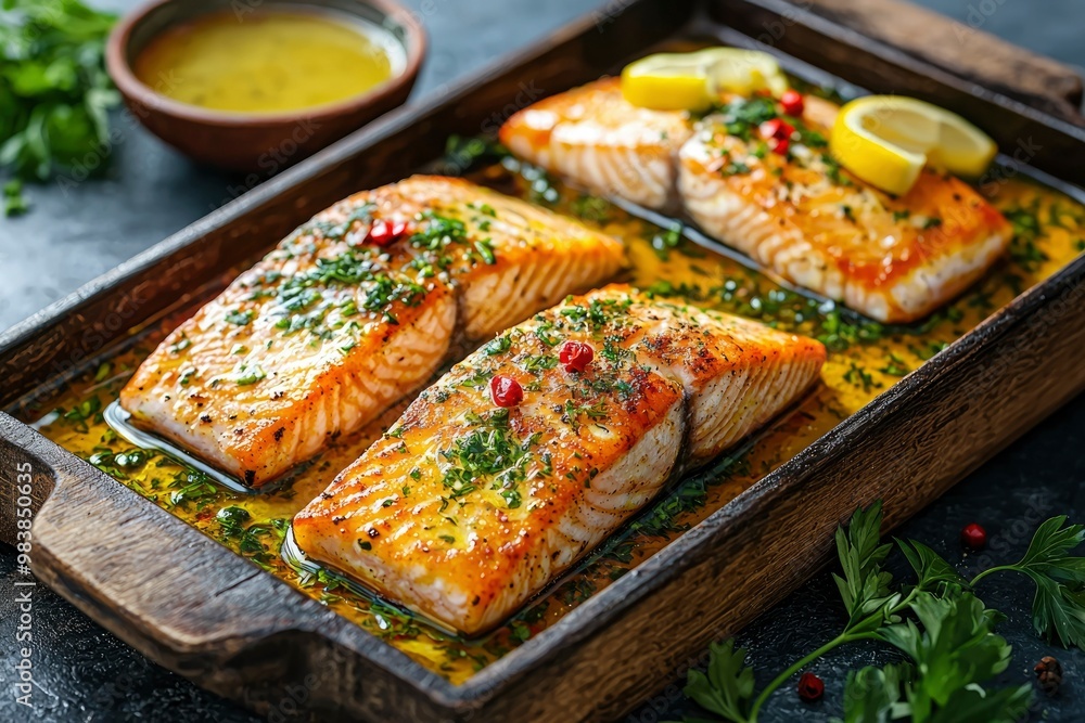 Three Roasted Salmon Filets with Lemon and Parsley Three Roasted Salmon Filets with Lemon and Parsley